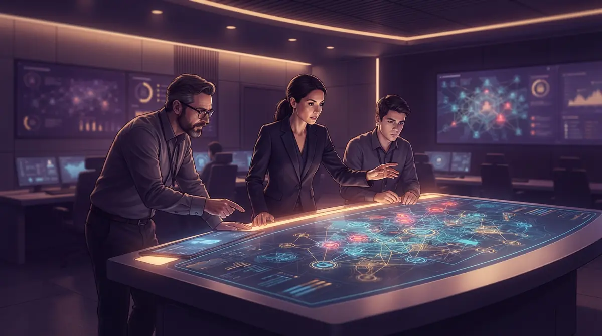 Cybersecurity specialists analyzing system vulnerabilities on digital monitoring tools.