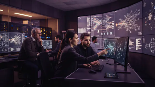 Engineers working in a modern computing facility monitoring complex systems data.