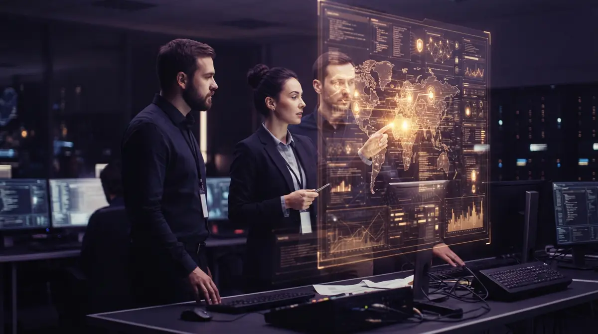 Cybersecurity analysts monitoring defensive software networks and vulnerability scans.