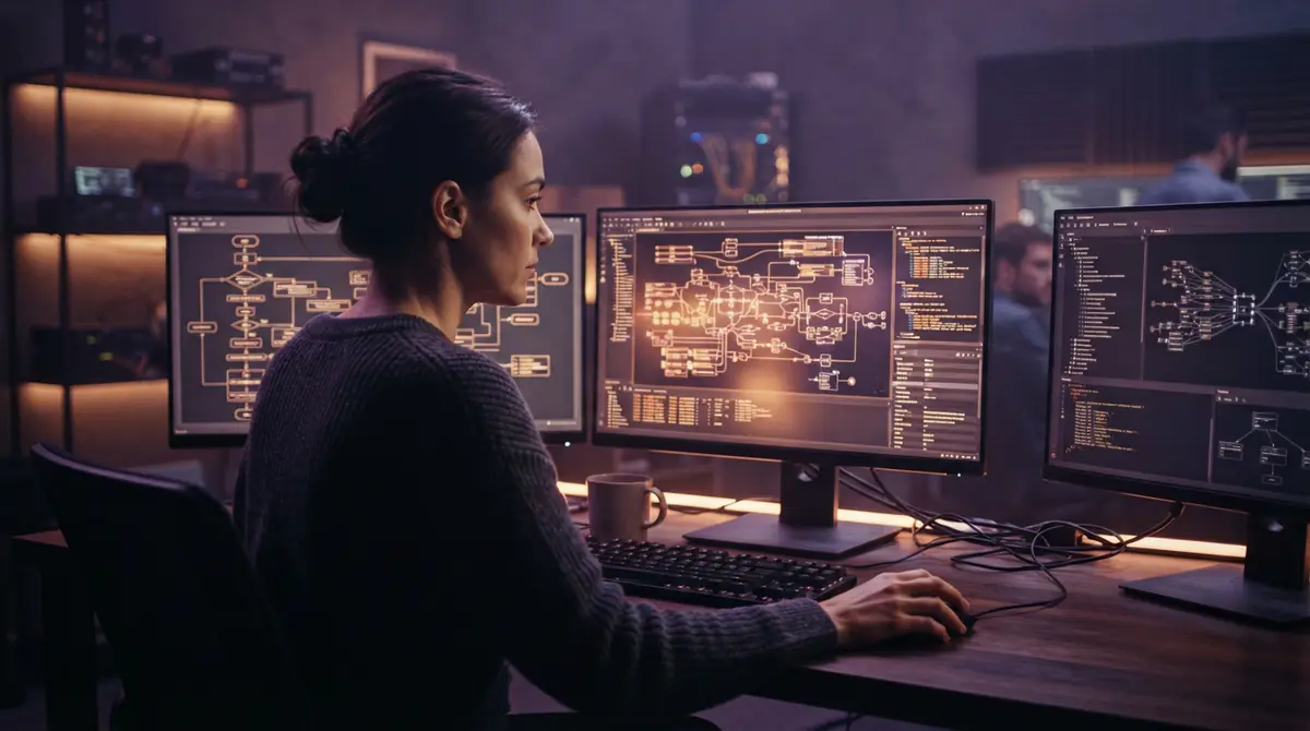 Illustration of an engineer's workstation showing multi-screen software architecture analysis.