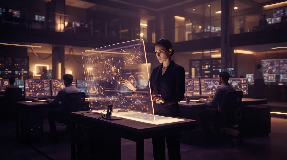 Illustration of a cybersecurity operations center monitoring network security models.