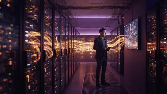 Illustration of high-performance data center infrastructure with glowing data streams.