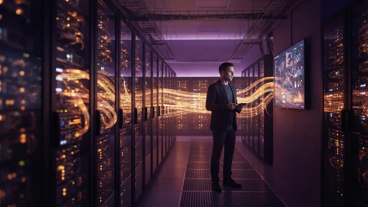Illustration of high-performance data center infrastructure with glowing data streams.