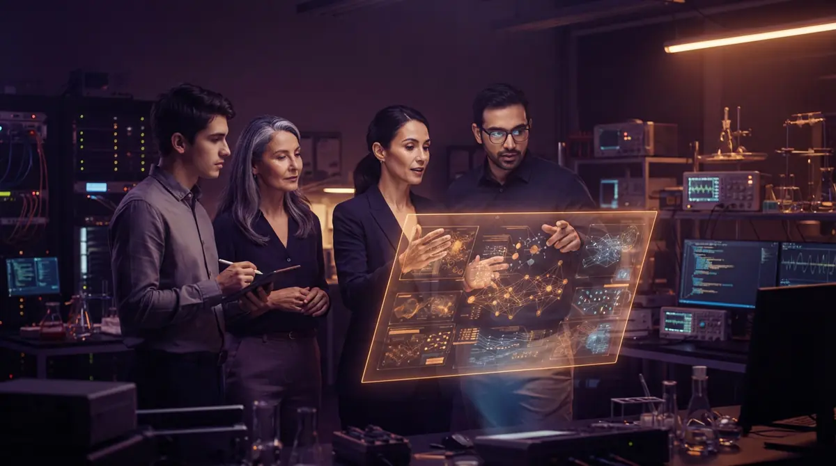 An illustration showing researchers collaborating on algorithmic models.