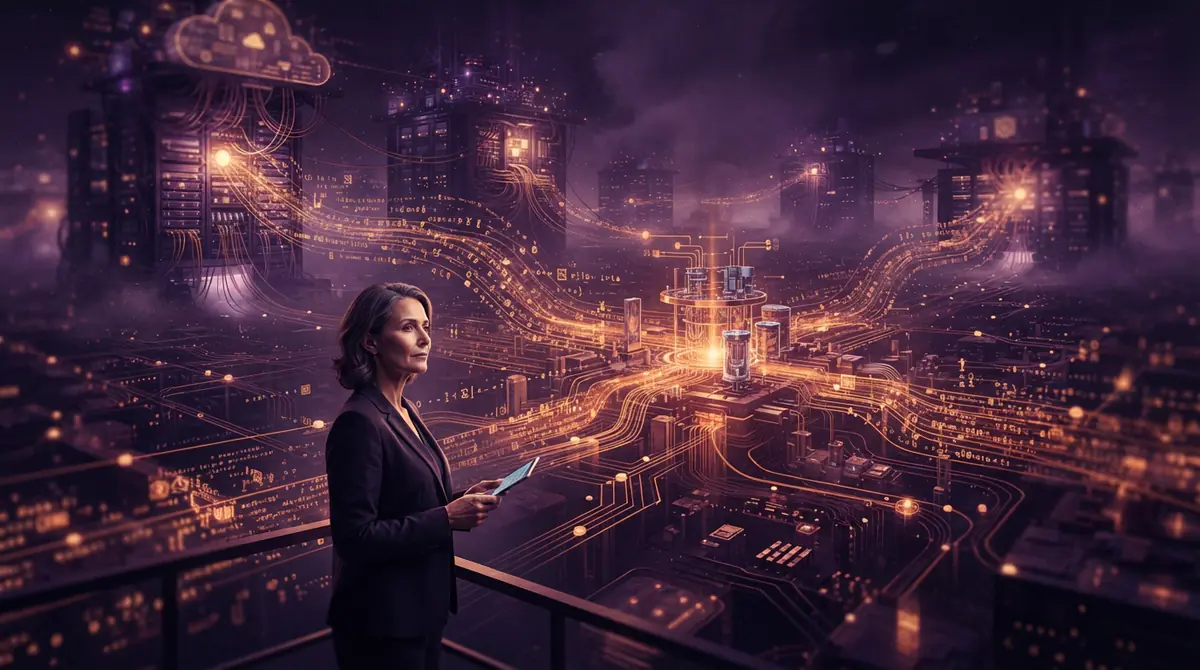 Conceptual artwork of data center architecture and quantum computing networks.