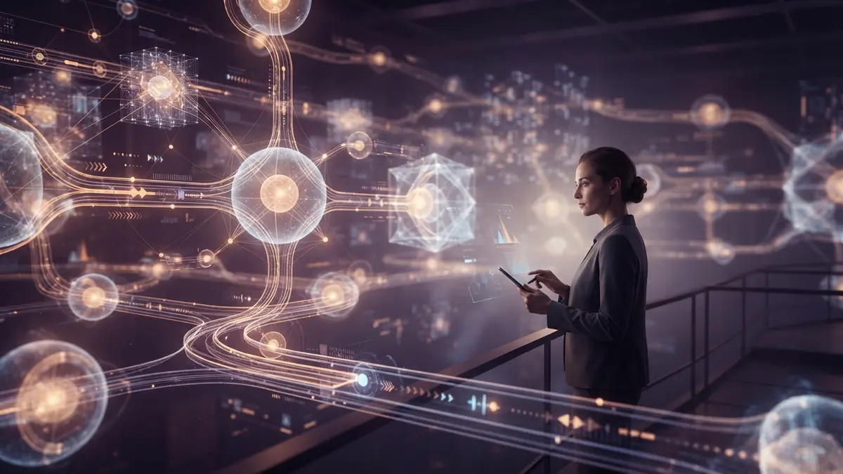 Conceptual illustration of an advanced artificial intelligence network with complex data flows.