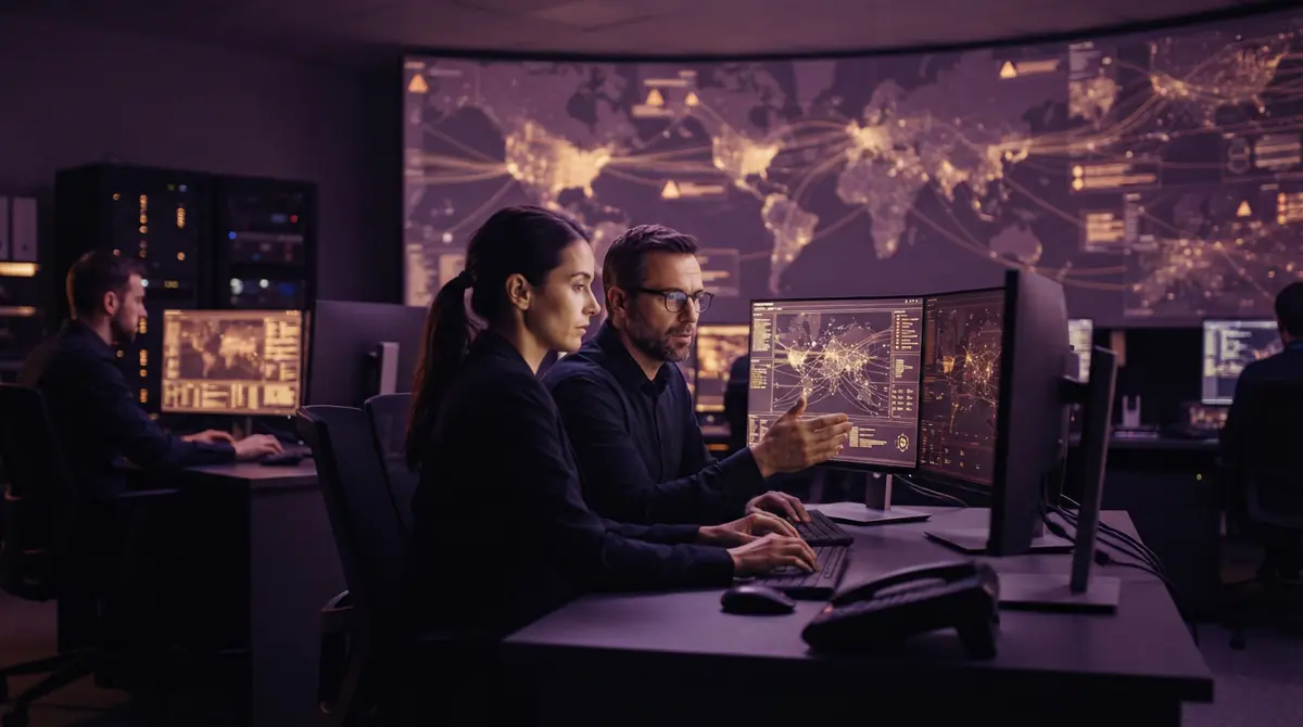 Illustration of cybersecurity analysts monitoring digital defense systems in a network operations center