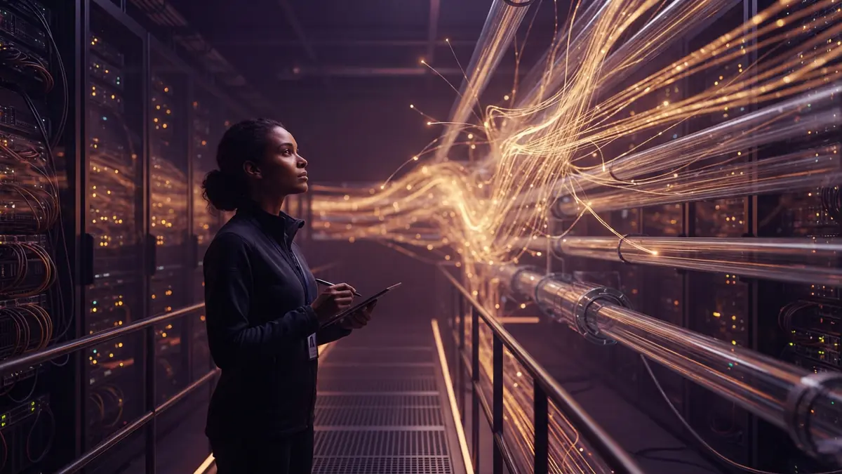 Illustration of an engineer inside a high-tech data center with streaming computational data