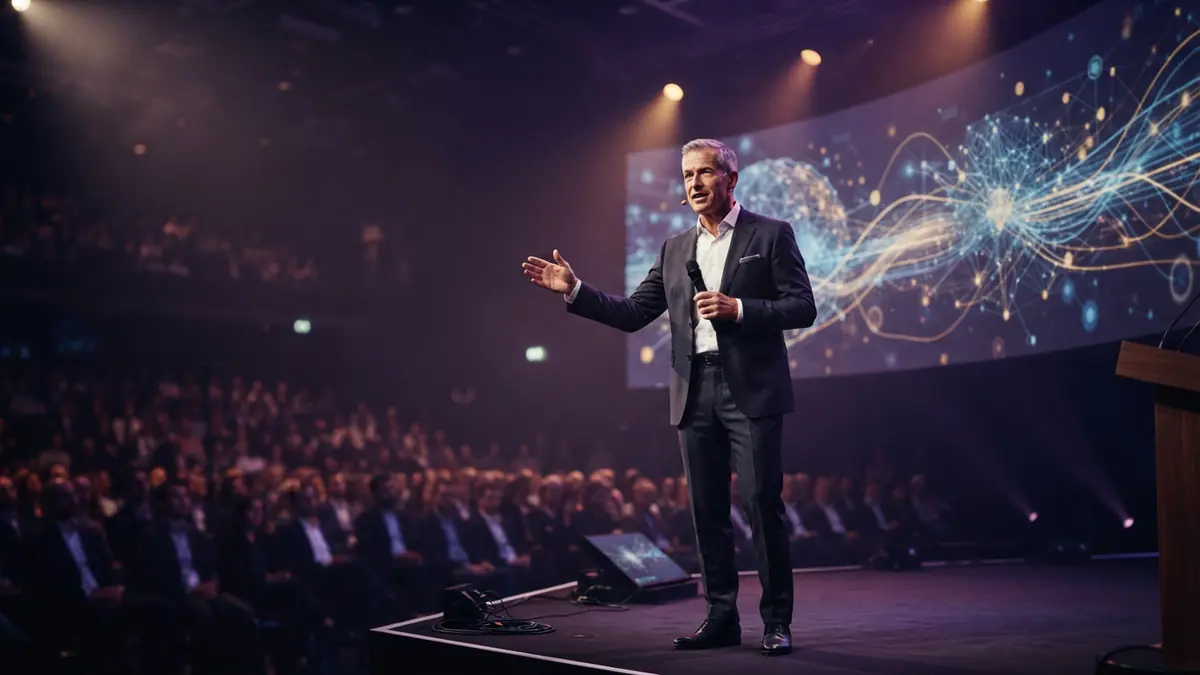 An AI executive speaking on stage at a technology conference.