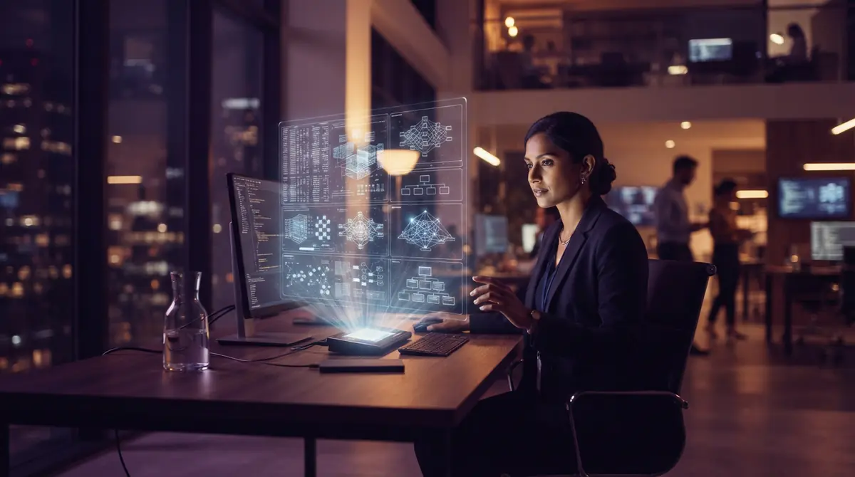 Abstract workspace visualization displaying tiered artificial intelligence computing levels.