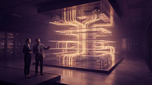 Digital visualization of layered computing tiers and data pathways.
