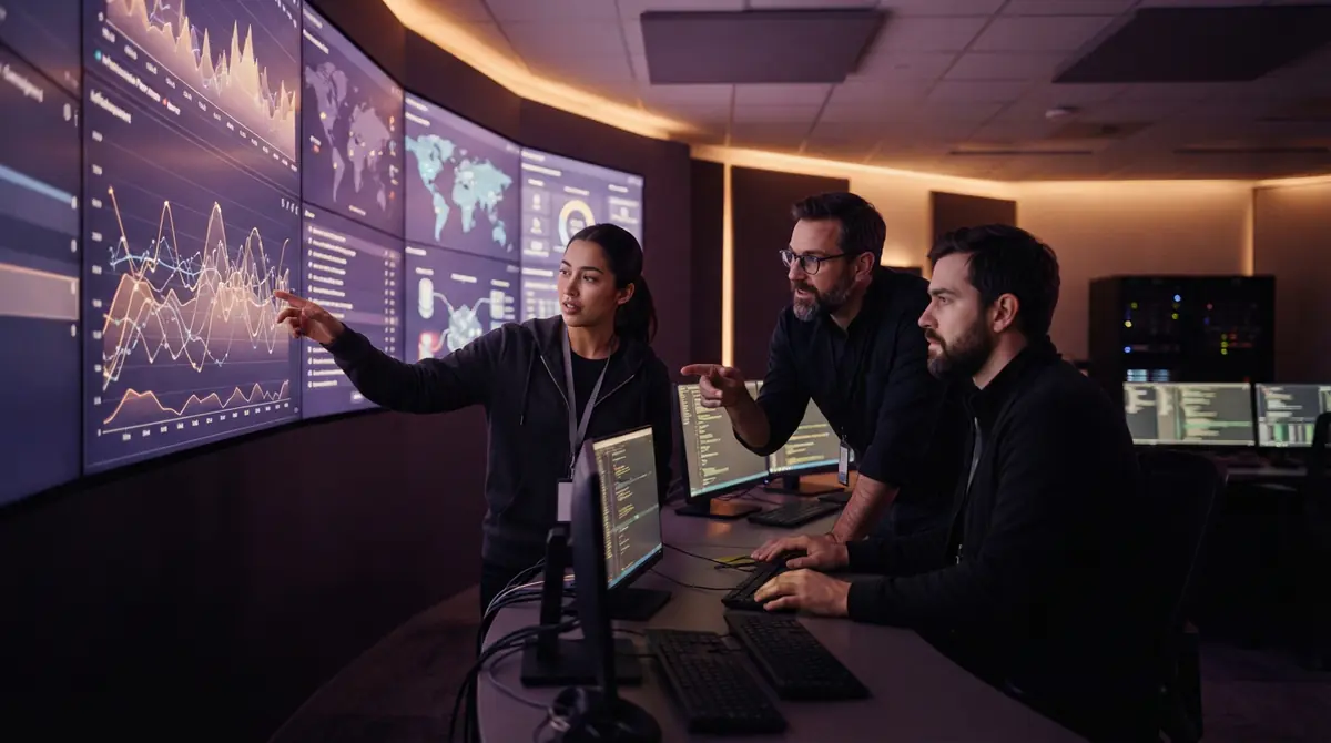 Systems engineers monitoring agent cluster metrics and execution traces in a cloud management center