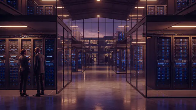 A modern data center interior with illuminated server racks representing virtual machine isolation
