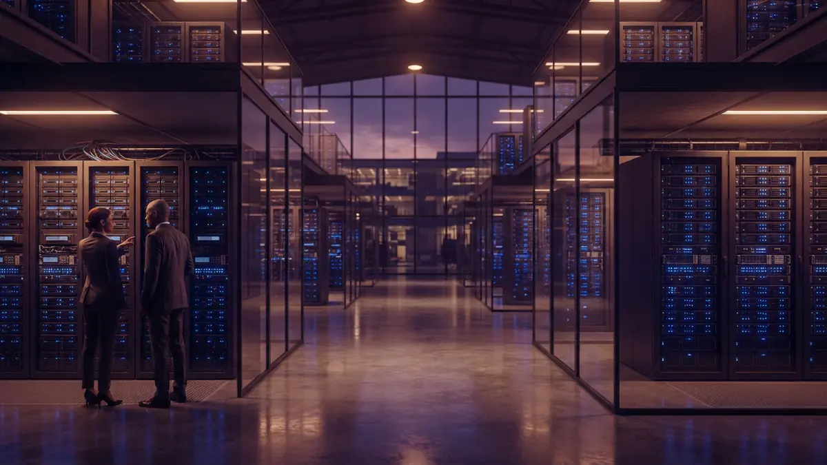 A modern data center interior with illuminated server racks representing virtual machine isolation