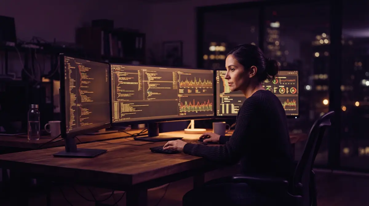 An AI illustration of a developer reviewing code diffs and test results on multi-monitor workstations.