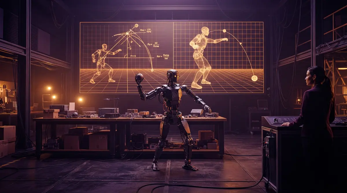An AI illustration of a humanoid robot standing near a physical task setup alongside a 3D physics wireframe simulation.