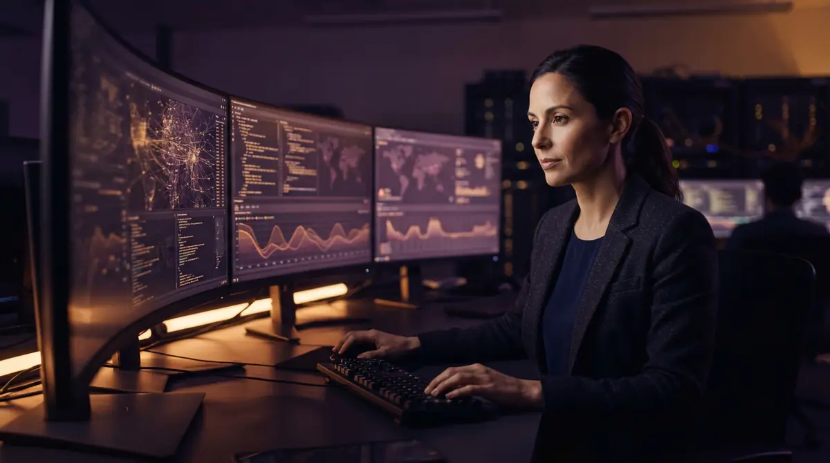 An AI illustration of a cybersecurity analyst evaluating software vulnerability data in an operations center.