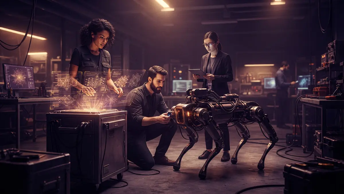 An AI illustration depicting engineers working alongside robotic platforms and complex data visualizations in a laboratory.