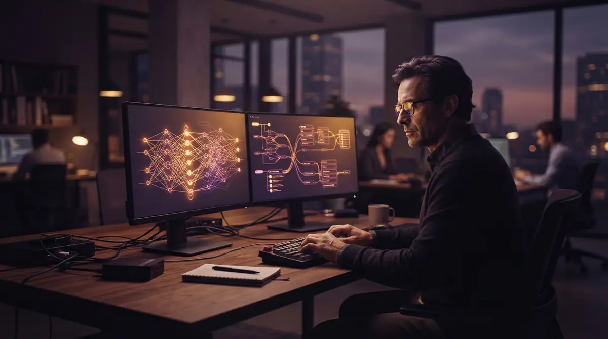 A software engineer monitoring multi-tiered memory and data query routing systems on desktop displays