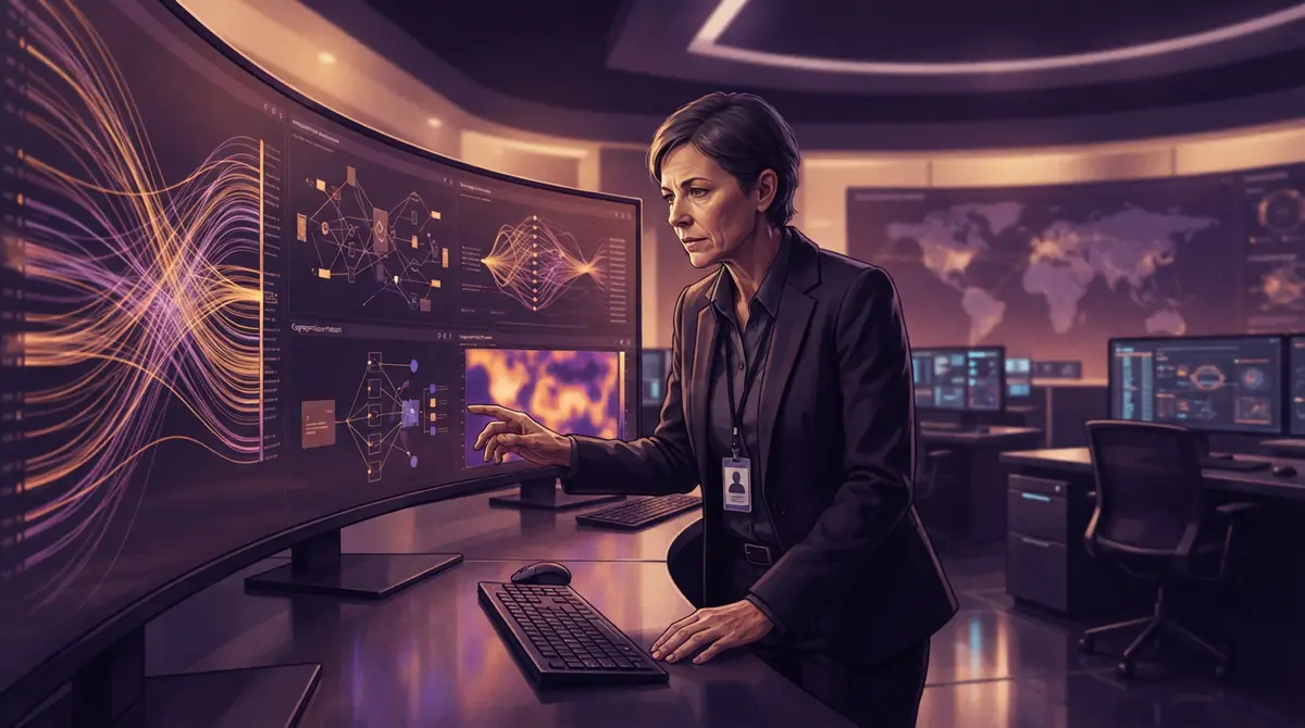 An IT administrator reviewing cryptographic identity badges and network security traffic in a control room