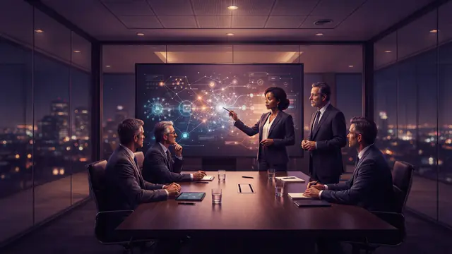 Business executives in an office analyzing connected workflow nodes across digital display screens