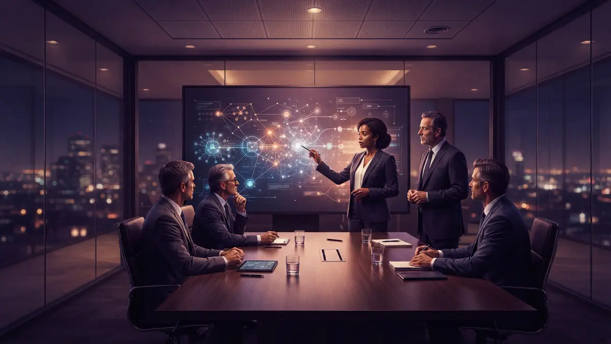 Business executives in an office analyzing connected workflow nodes across digital display screens