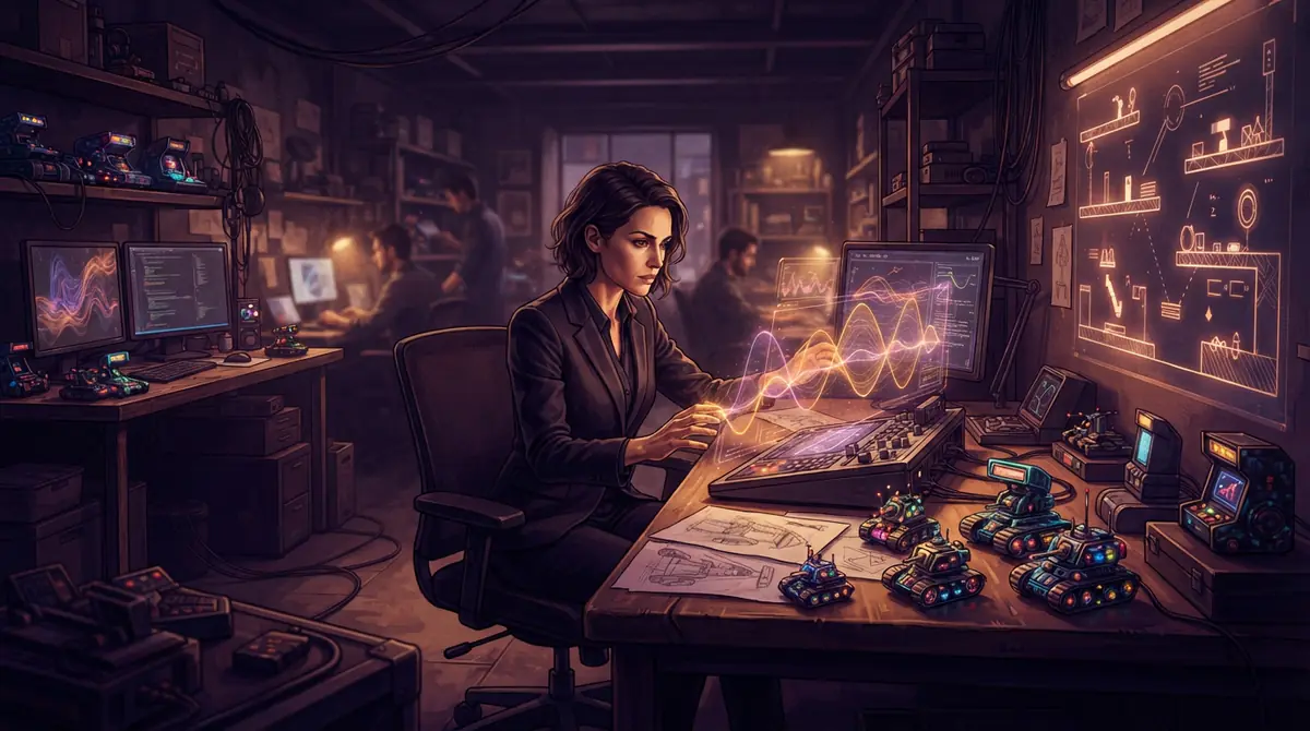 Conceptual illustration showing retro gaming graphics, 3D polygon tanks, and level geometry