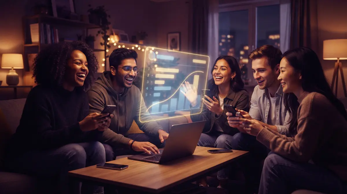 Illustration of friends gathered around connected devices looking at a shared digital leaderboard