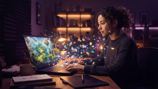 Illustration of a creator working on a laptop with stylized 3D game elements projecting outwards