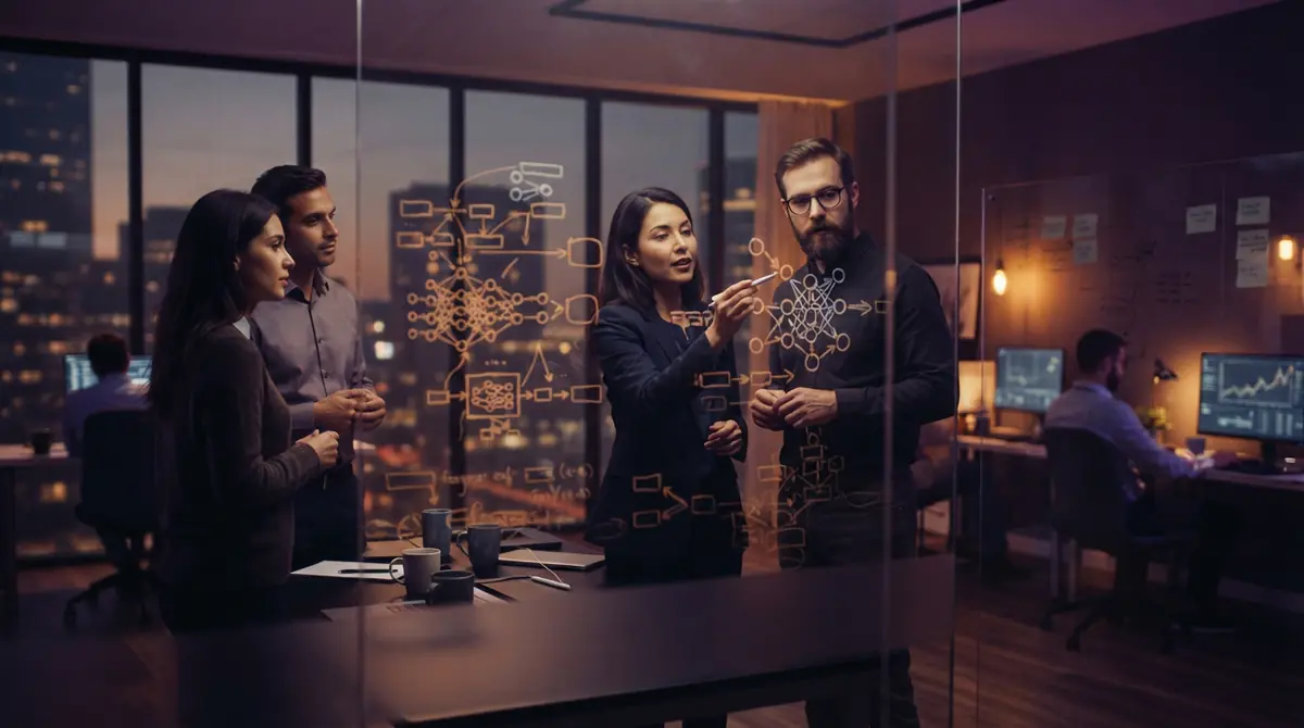 Illustration of software engineers reviewing machine learning architectures in a tech workspace