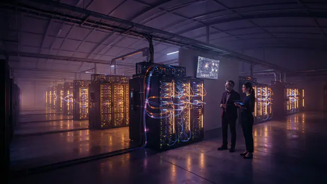 Illustration of a modern AI accelerator computing facility with connected server racks
