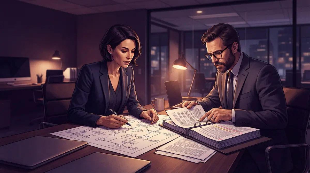 Illustration of compliance specialists reviewing data privacy policies