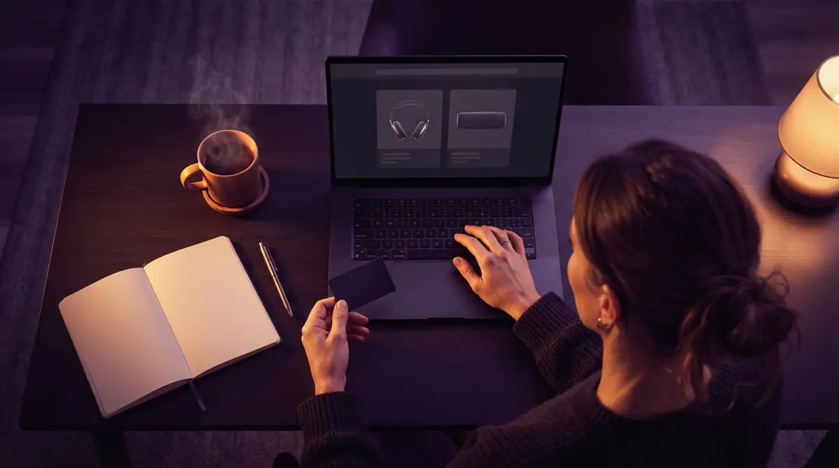 Illustration of an online shopper comparing products on a laptop computer with payment cards nearby