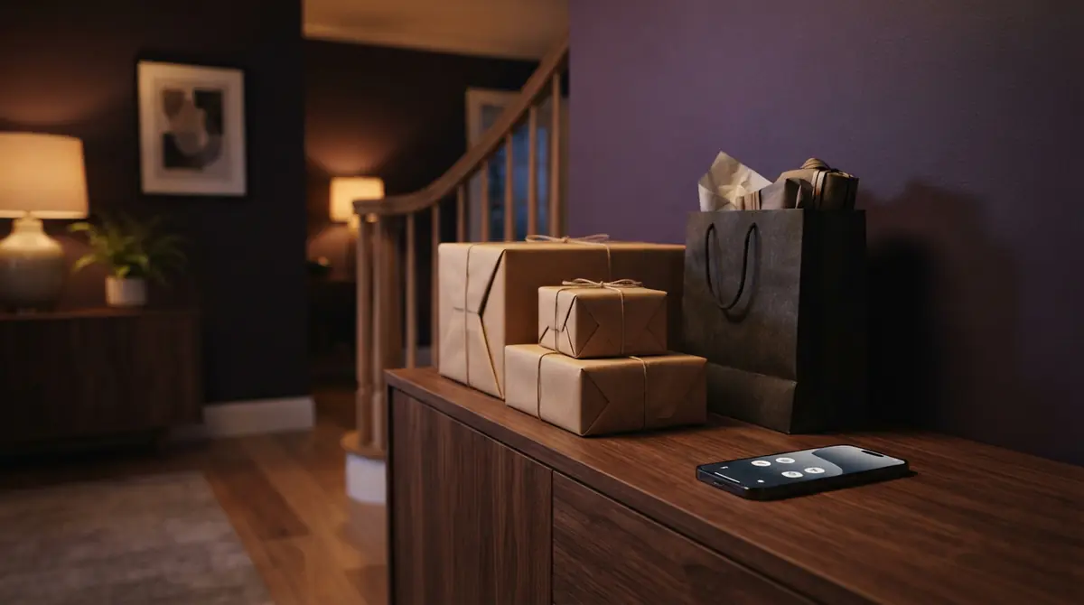 Illustration of delivered retail packages and a smartphone displaying order notifications on a side table