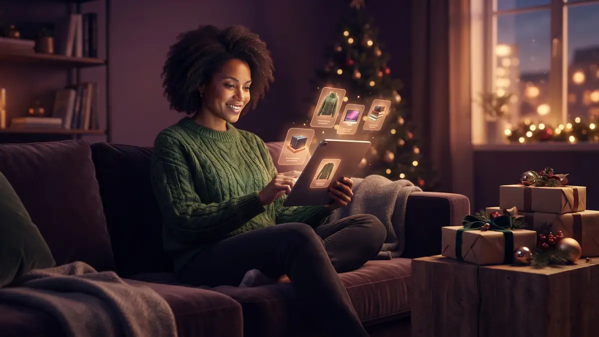 Illustration of an online shopper organizing multiple retail purchases on a tablet device in a living room