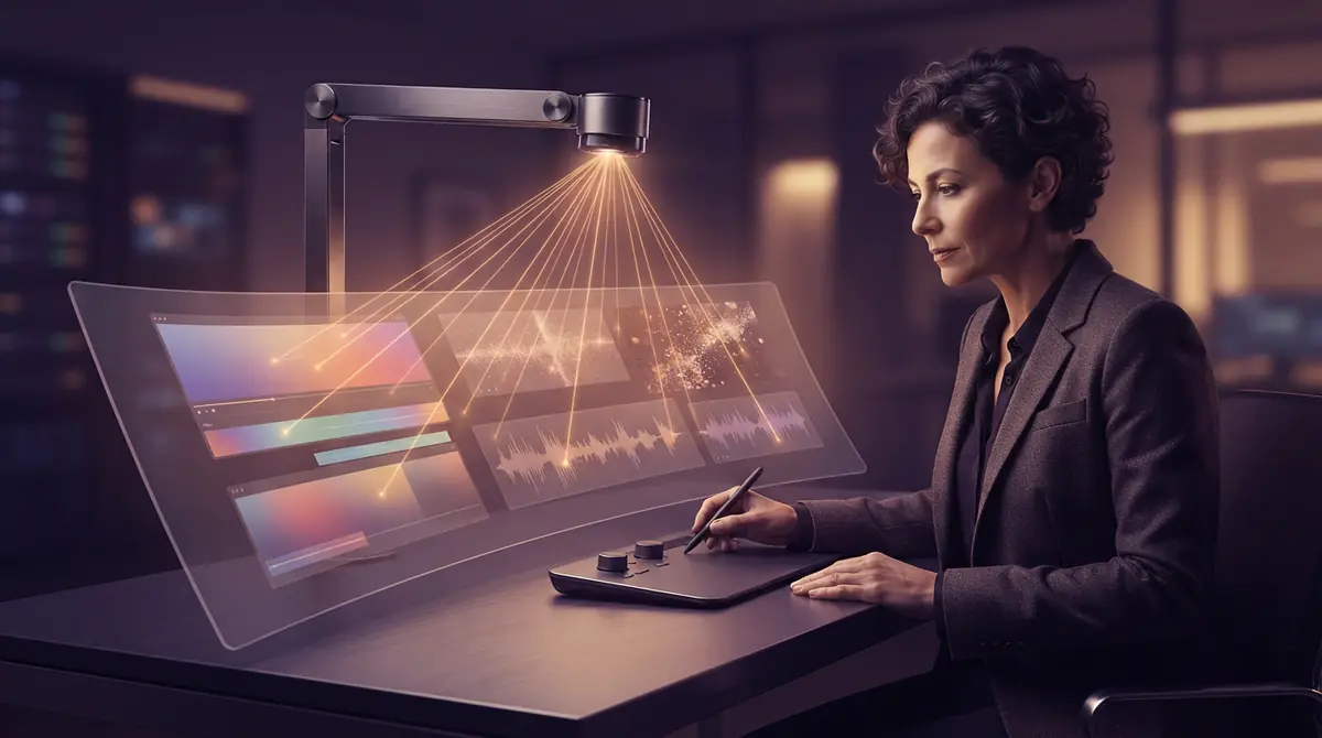 Abstract digital scanning rays passing across photographic and audio assets to highlight hidden structural data.