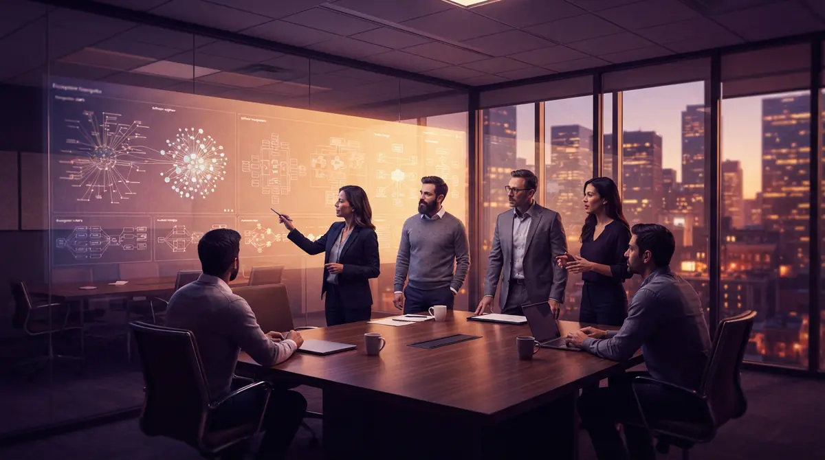 Technical specialists discussing software standards and digital provenance diagrams in a glass conference room.