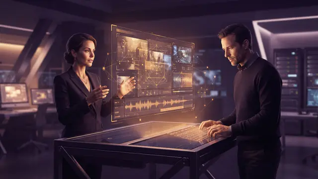 Digital data analysts inspecting illuminated media files and geometric provenance patterns in a modern verification lab.