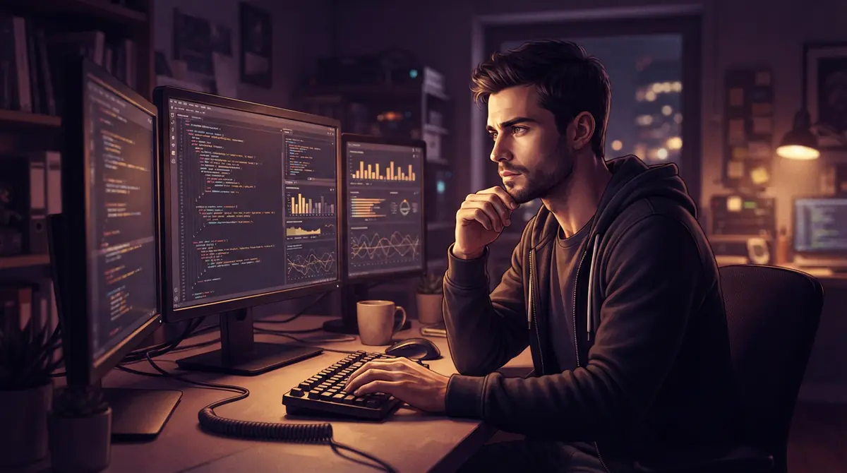 Illustration of a programmer reviewing complex code and system metrics on dual screens