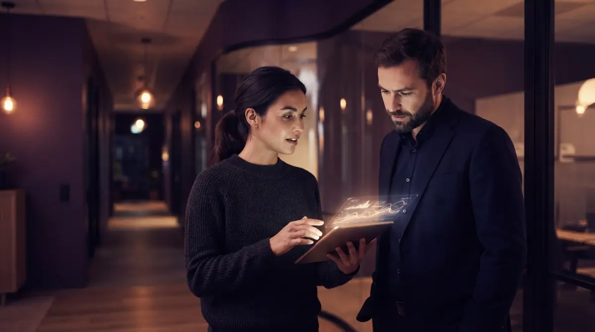 Illustration of two developers reviewing performance graphs together