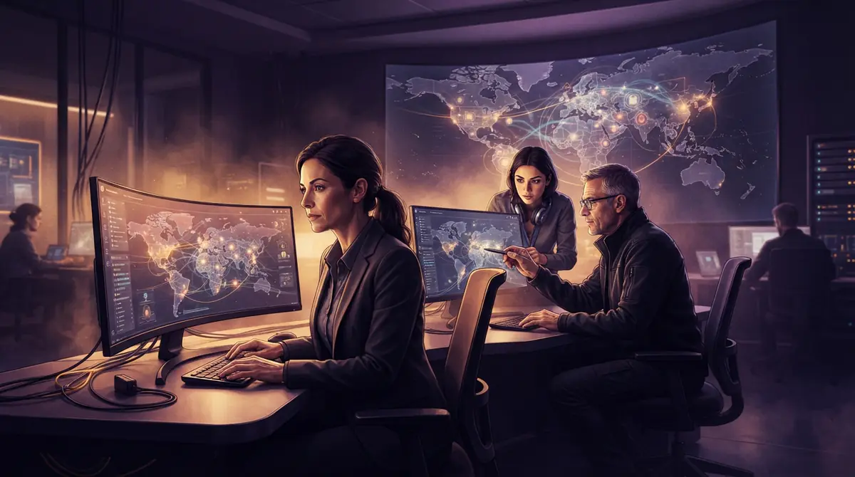Illustration of cybersecurity analysts monitoring defense infrastructure dashboards