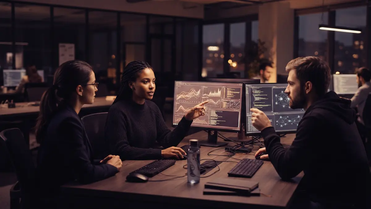 Illustration of software engineers working at computer monitors in a tech development lab