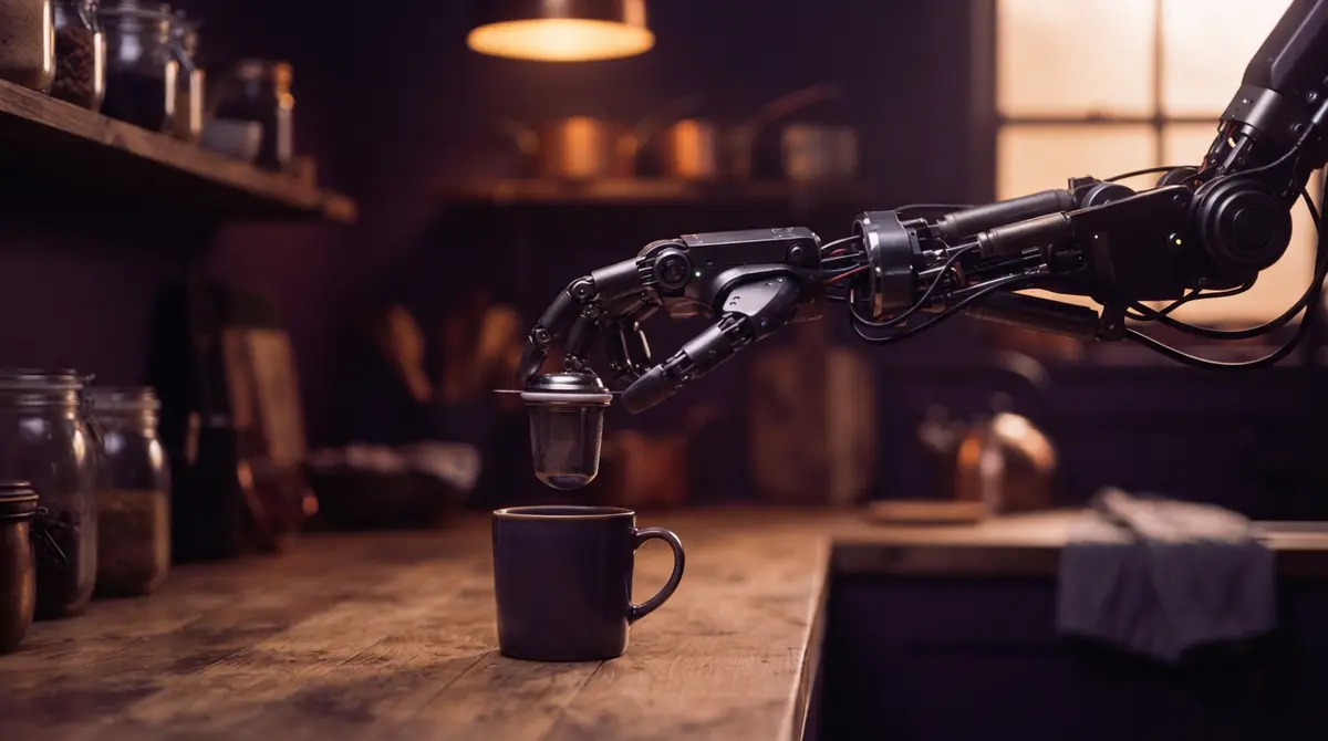 An AI illustration of a robotic gripper performing a delicate grasp on a kitchen countertop.
