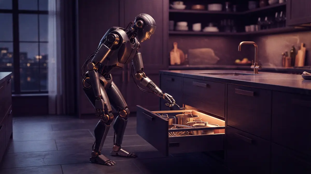 An AI illustration of a two-legged humanoid robot opening a drawer and reaching inside.