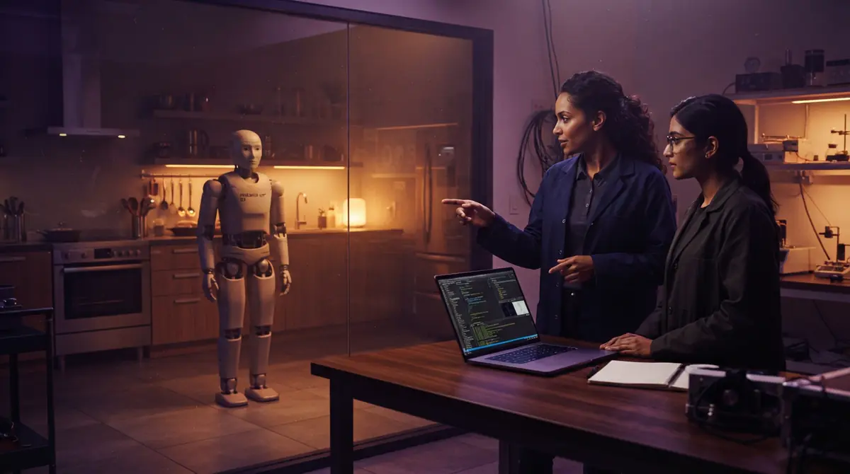 An AI illustration of researchers monitoring a humanoid robot in a laboratory environment.