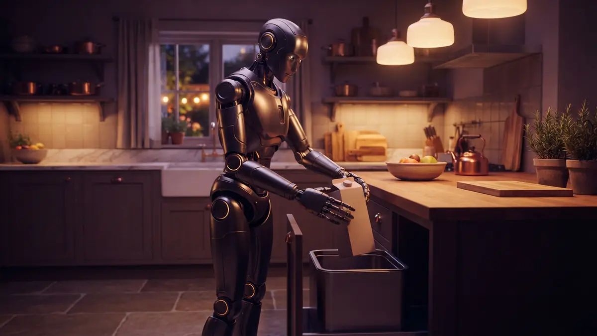 An AI illustration of a humanoid robot organizing items in a modern kitchen setting.
