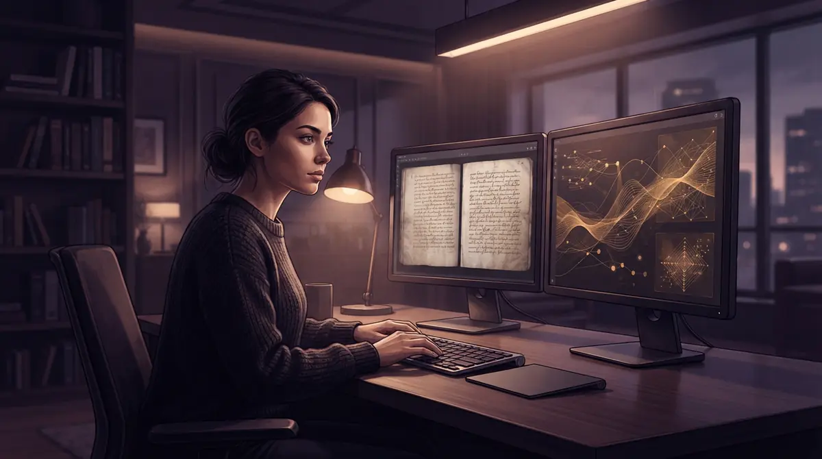 Illustration of an engineer analyzing historical coded documents on computer displays