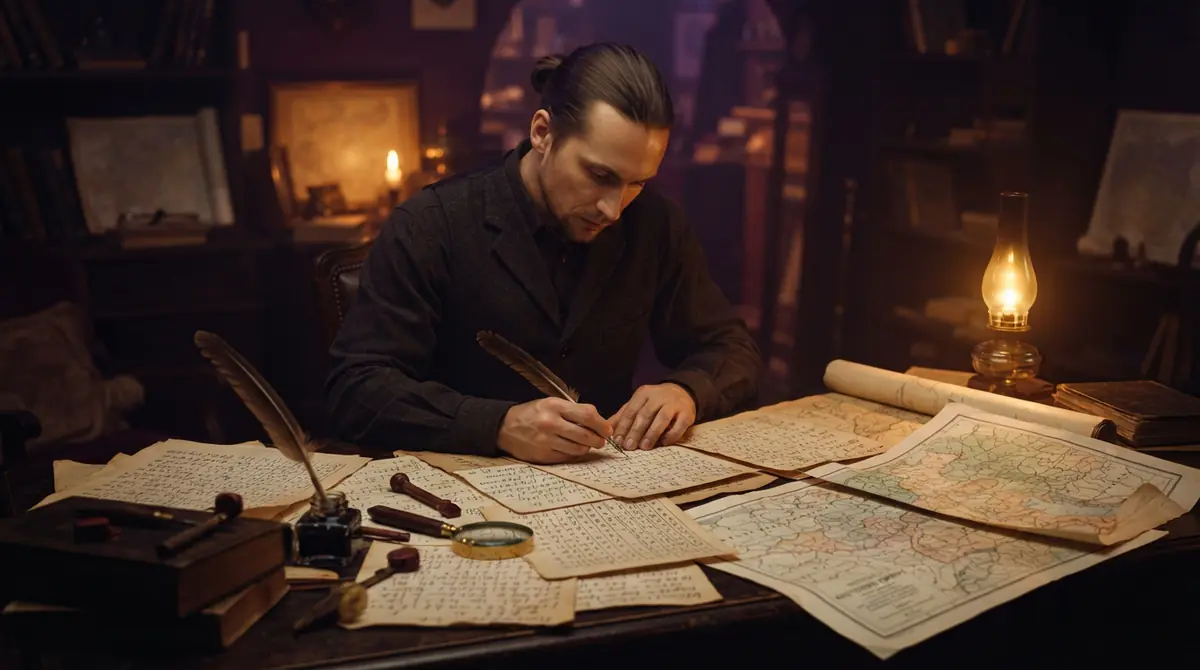 Illustration of historical cryptographic tables and military maps laid out on a wooden desk