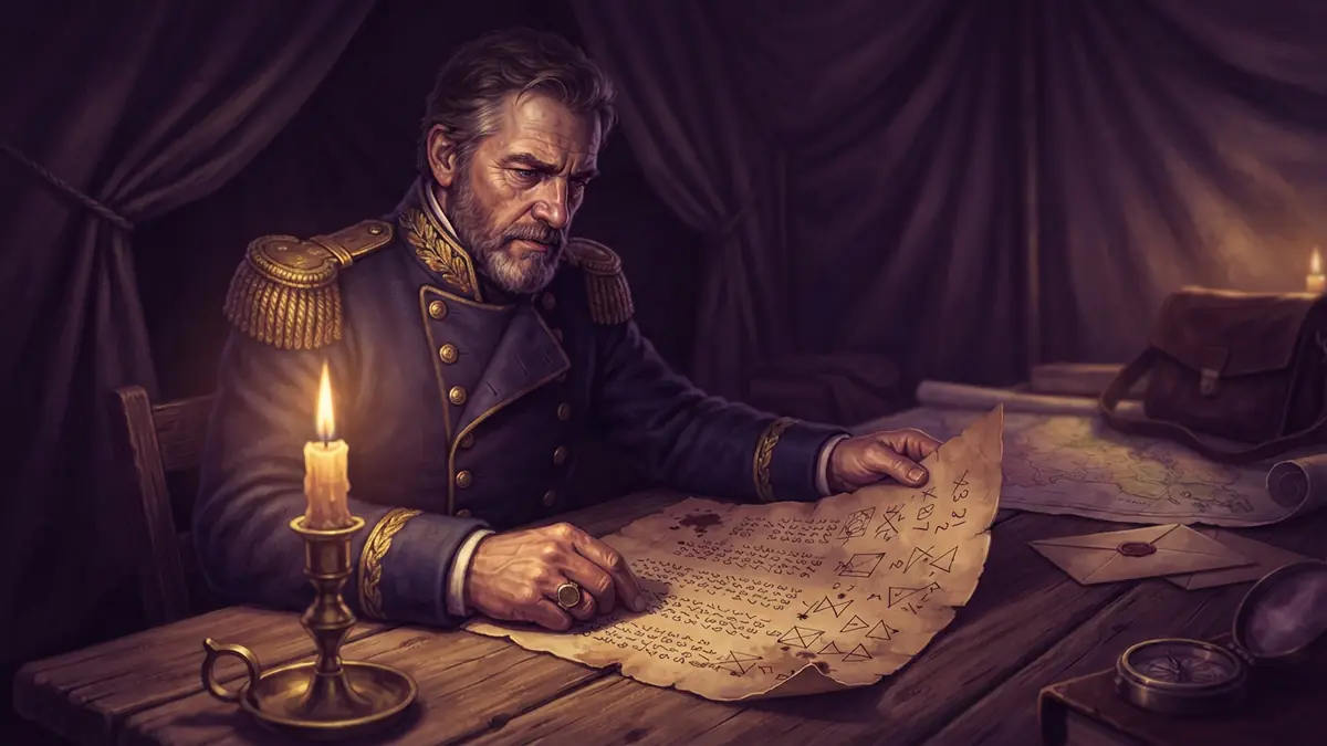 Illustration of an early 19th-century military officer examining an encrypted parchment document in a field tent