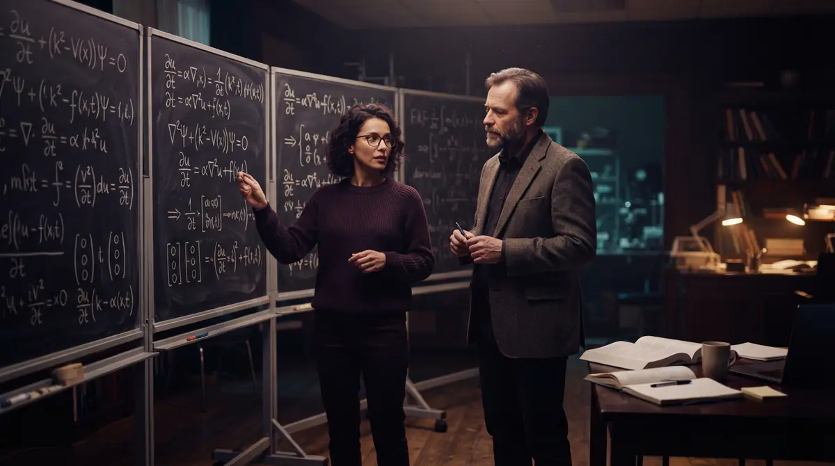 Two researchers studying mathematical formulas and calculations on seminar room blackboards
